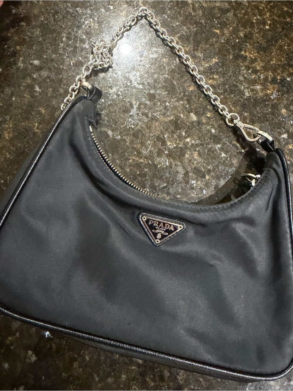 Black Nylon Shoulder Bag with Silver Chain